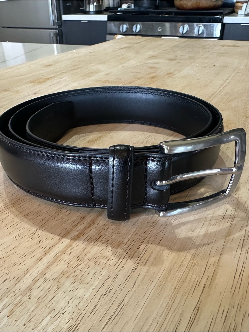 Men's Black Leather Belt with Polished Silver Buckle